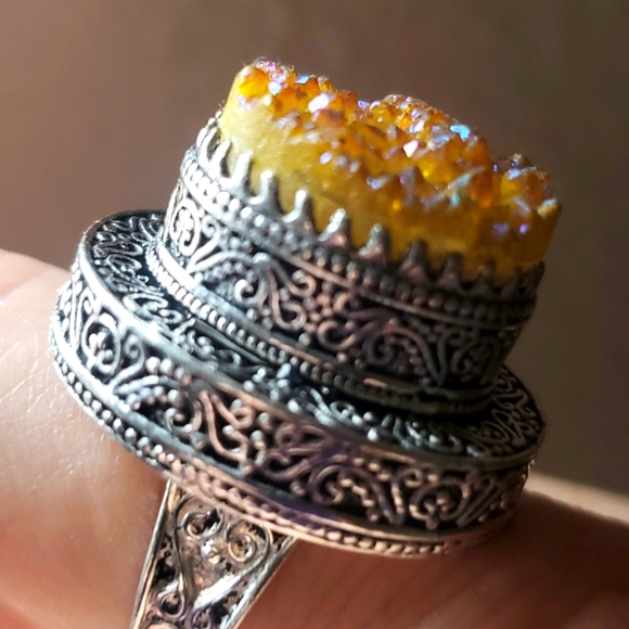 New Yellow Titanium Crystal Druzy 925 Silver Statement Ring. - Picture 2 of 16